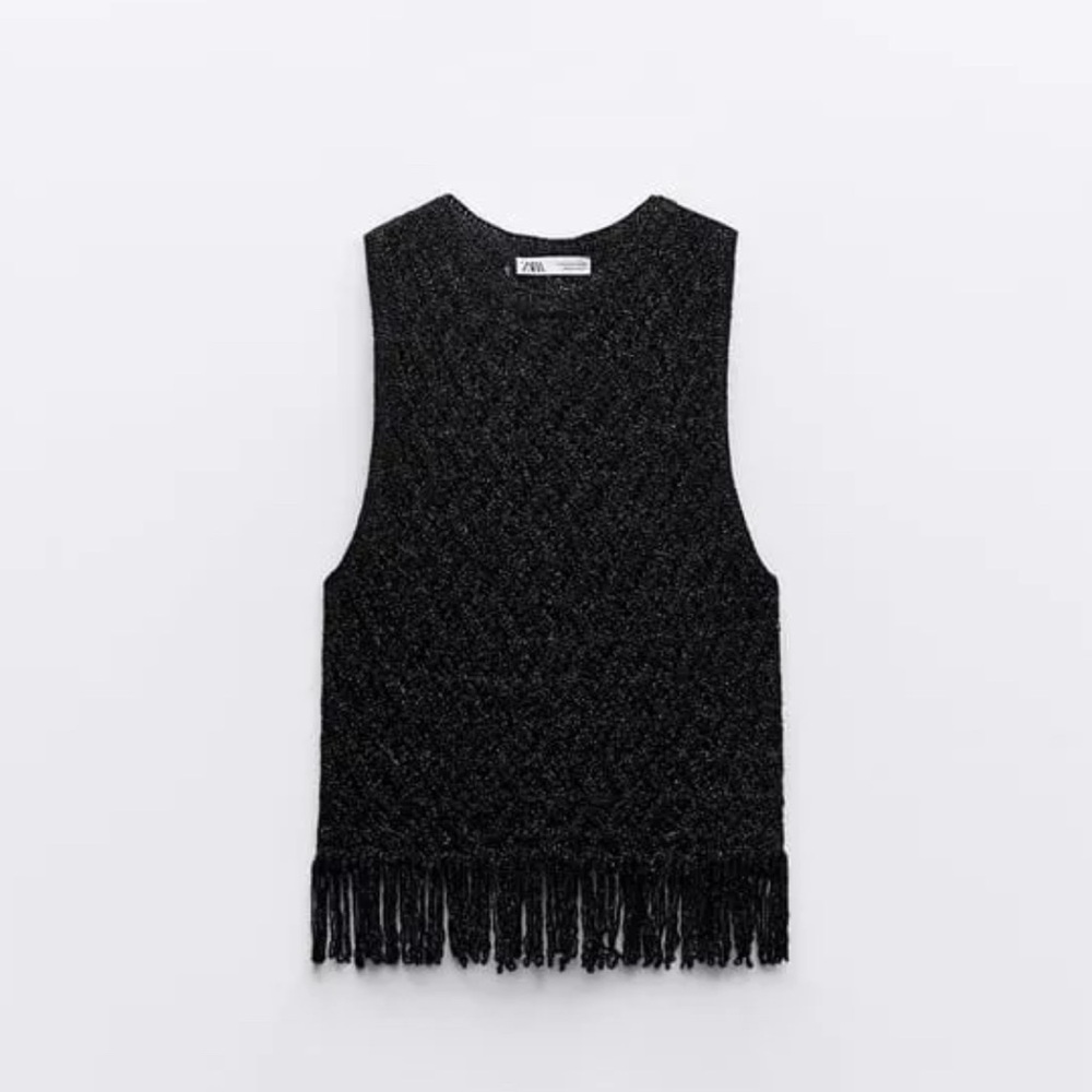 Zara Black Metallic Fringe Trim Tank Top Boho Open Weave Knit Crochet Size Large